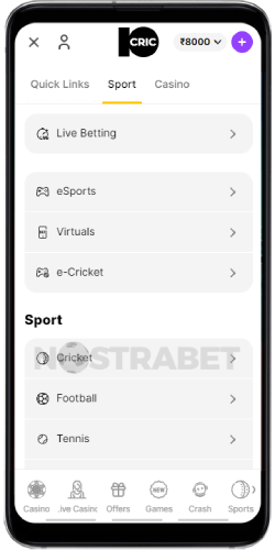 10cric android app navigation