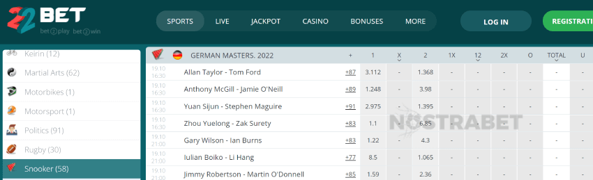 22bet snooker betting