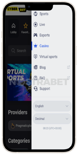 Cyberbet mobile menu on iPhone