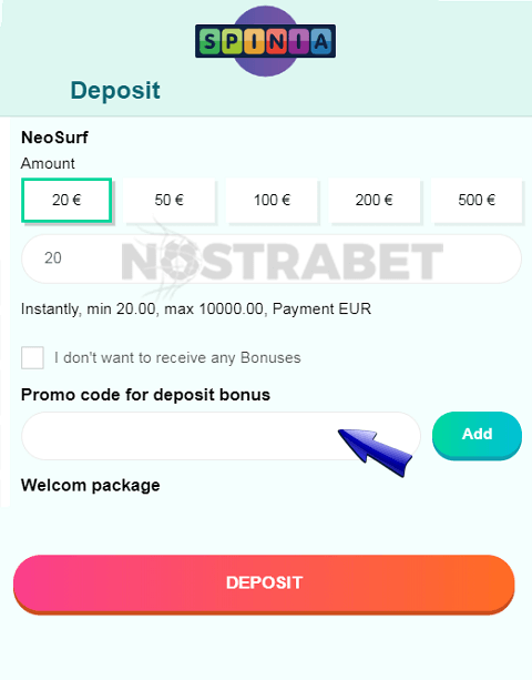 Spinia casino bonus code field